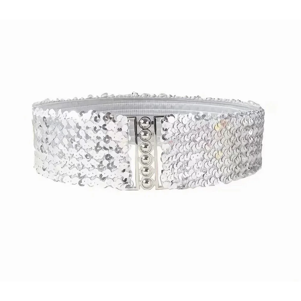Women's Two Sequin Elastic Waist Belts - Vintage Style, Adjustable One Size